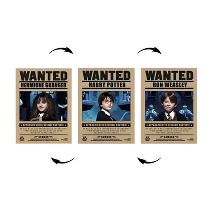 Three 'Wanted' posters featuring Hermione Granger, Harry Potter, and Ron Weasley on a white background.